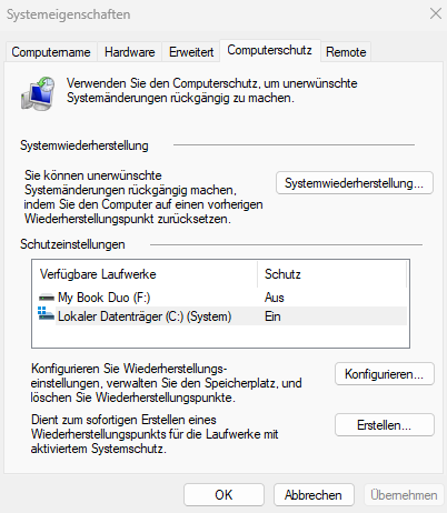 Systemwiederherstellung und Laufwerksschutz