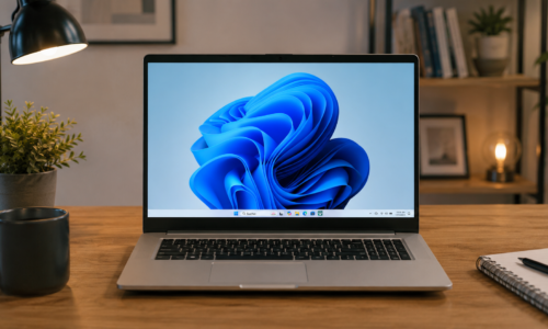 Laptop mit Windows 11 auf Tisch